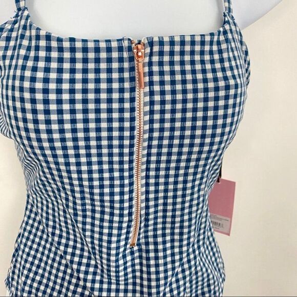 Juicy Couture WMNS L Blue Gingham One Piece Zip Up Swimsuit Open Back Classic - Picture 4 of 11